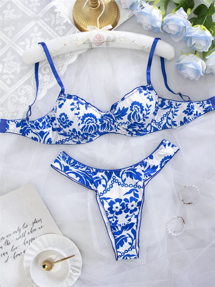 Blue floral print women's lingerie set featuring lace details and a comfortable fit, perfect for everyday wear.