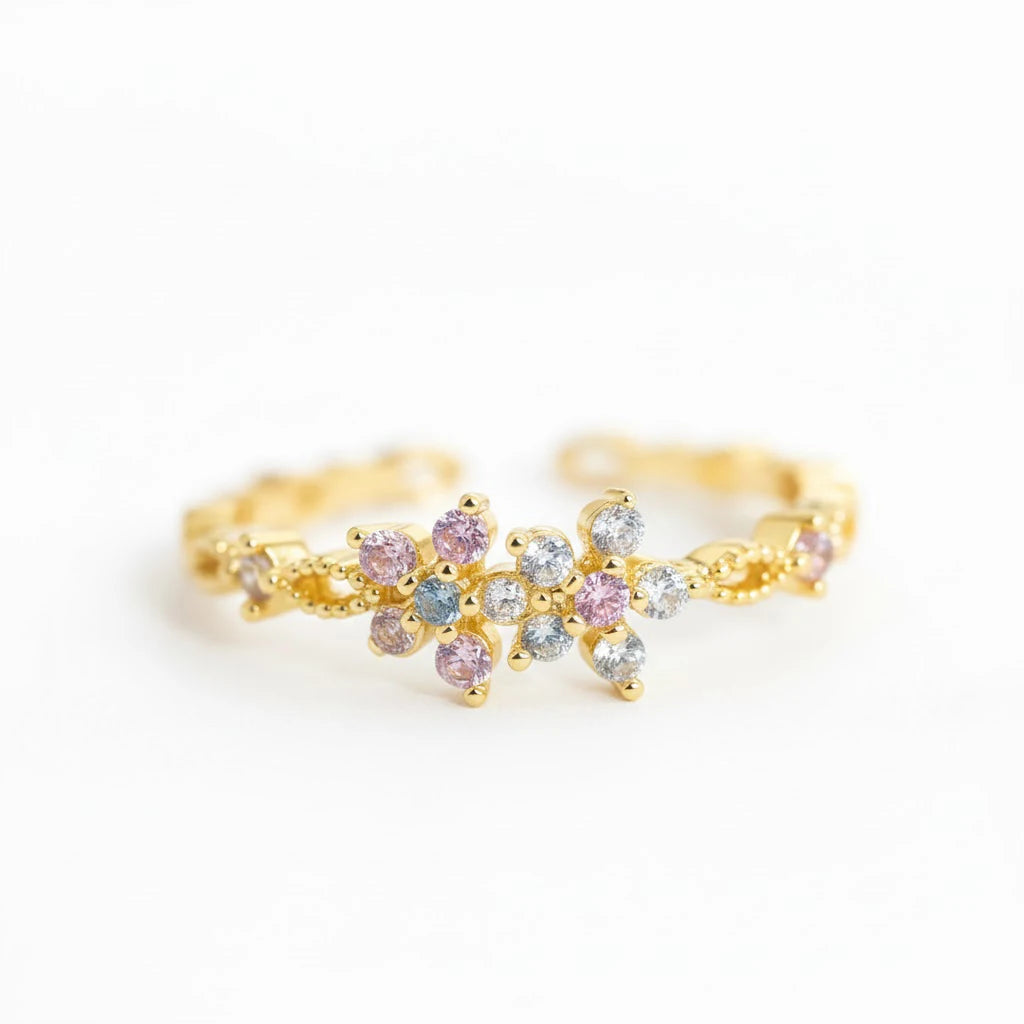 Anillo Flor Circon Colorido Ajustable - Joyería Vintage para Mujer