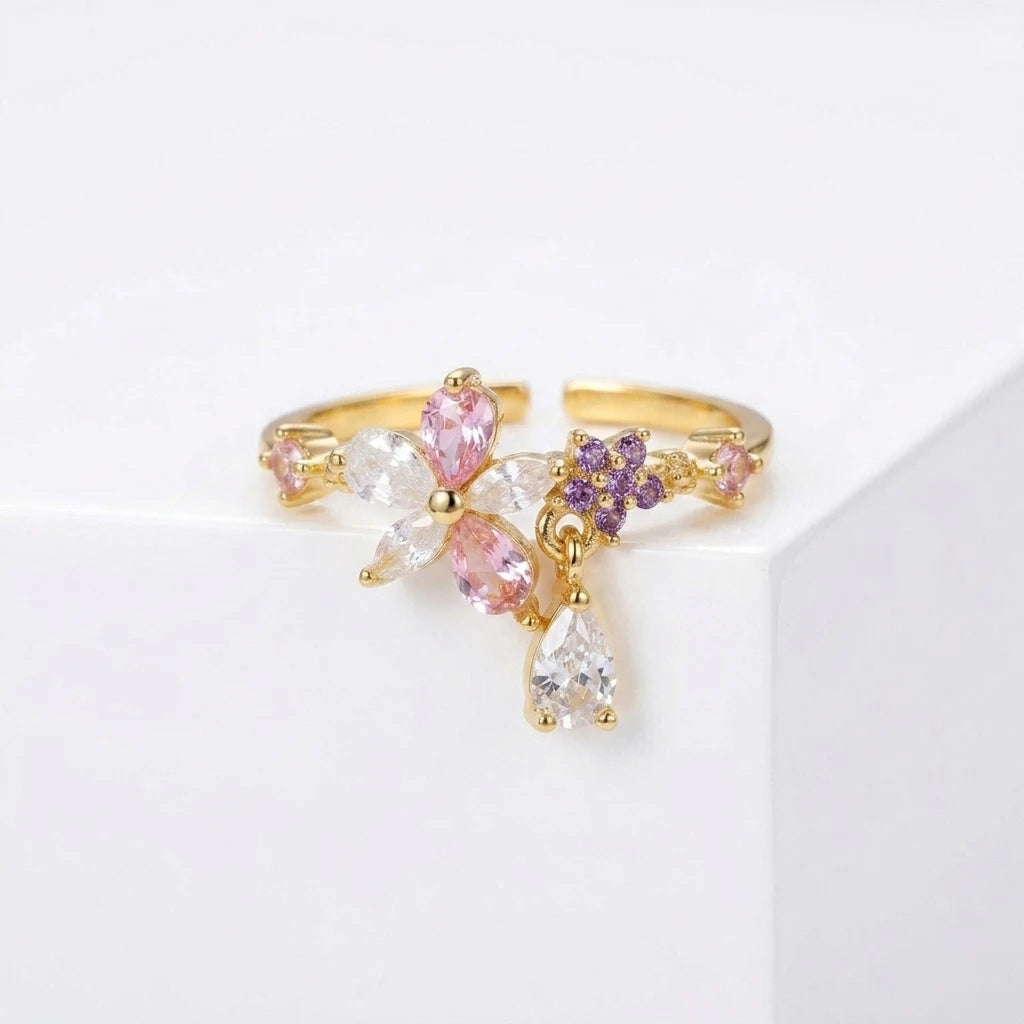 Anillo Flor Circon Colorido Ajustable - Joyería Vintage para Mujer