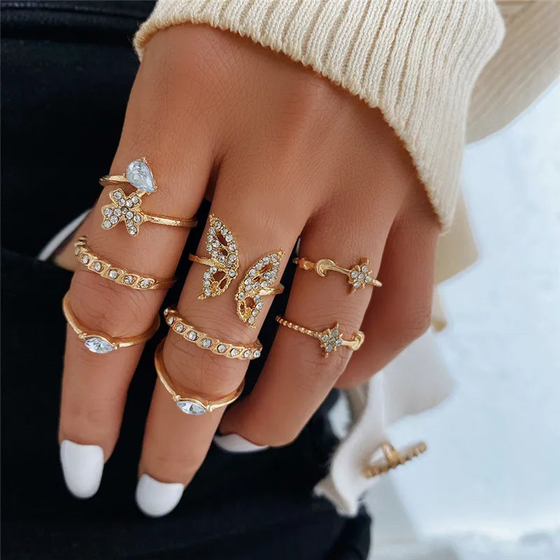 Conjunto Anillos Bohemios Circon Mujer | Modyle | Flor Luna Amor (Dorado)