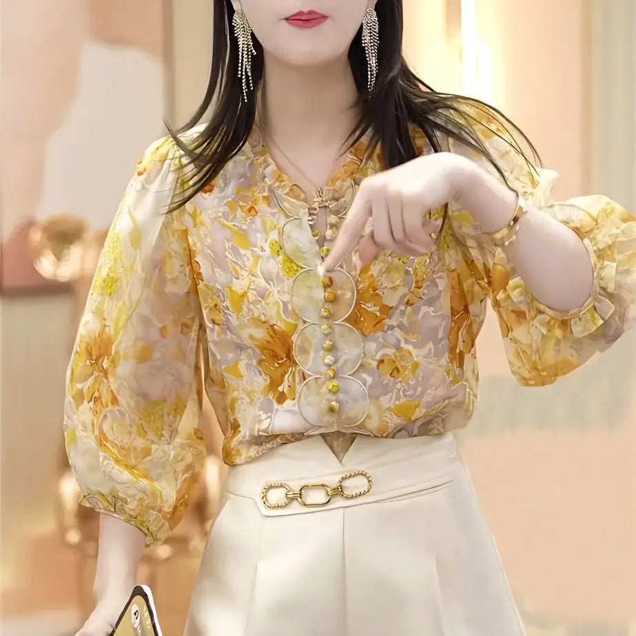 Blusa Floral Manga 3/4 Mujer: Estilo Juvenil y Fresco
