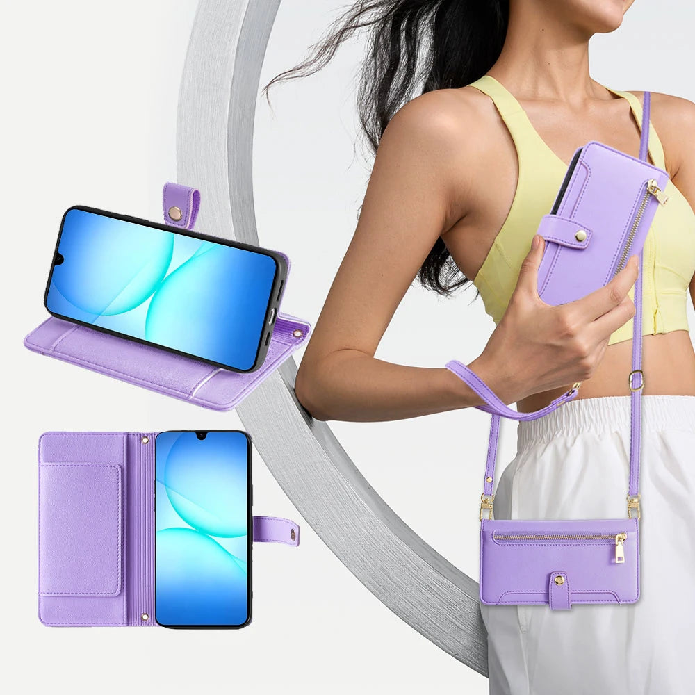 Leather wallet-style phone case with zipper for Samsung smartphones, featuring multiple card slots and a secure closure.