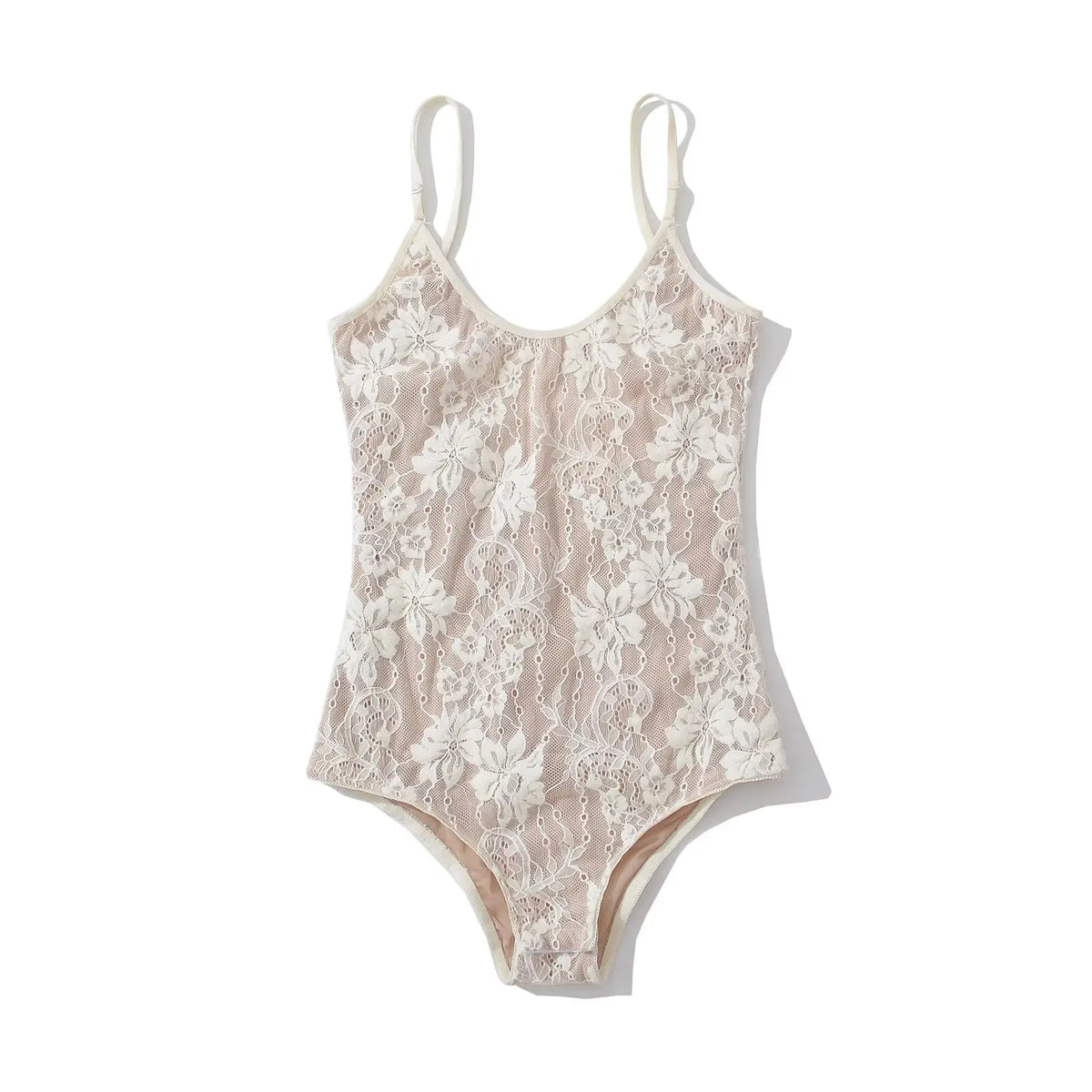 Sexy transparent lace backless bodysuit by Corporación Turística, featuring sheer fabric and delicate detailing.