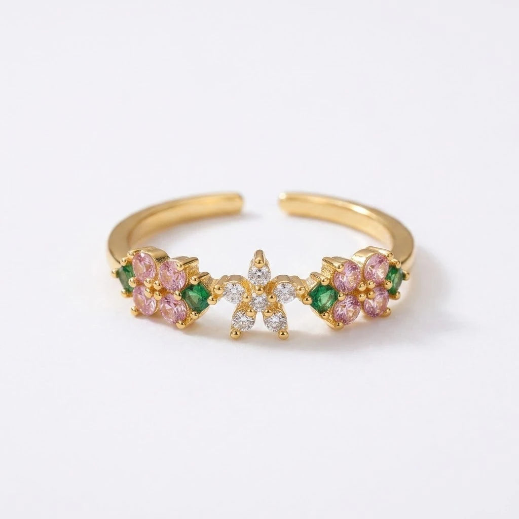 Anillo Flor Circon Colorido Ajustable - Joyería Vintage para Mujer