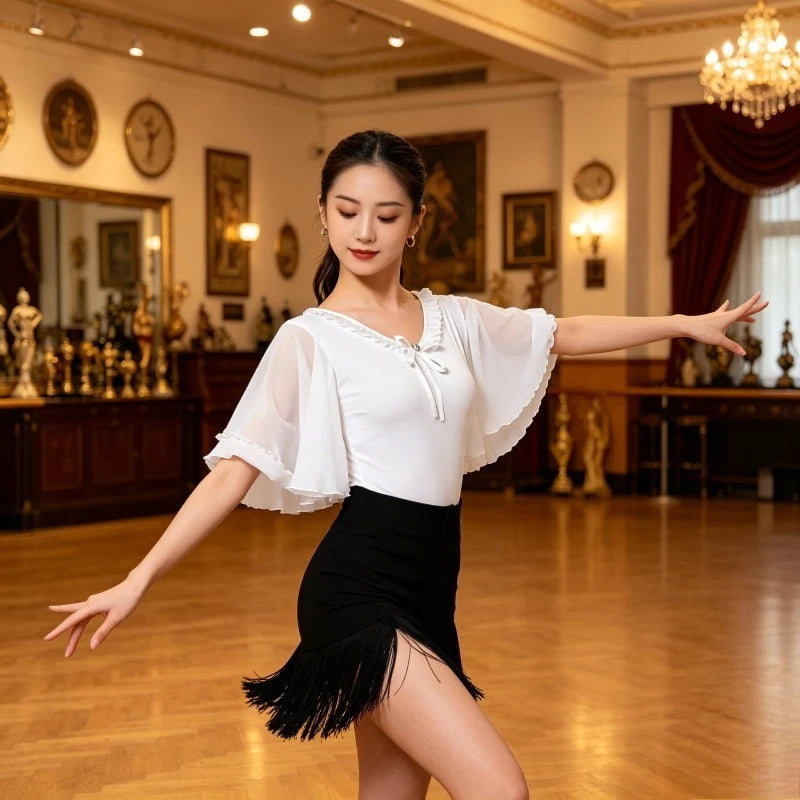 Elegant lace top for women, modern Latin dancewear by Corporación Turística, featuring intricate lace details and a fitted style.