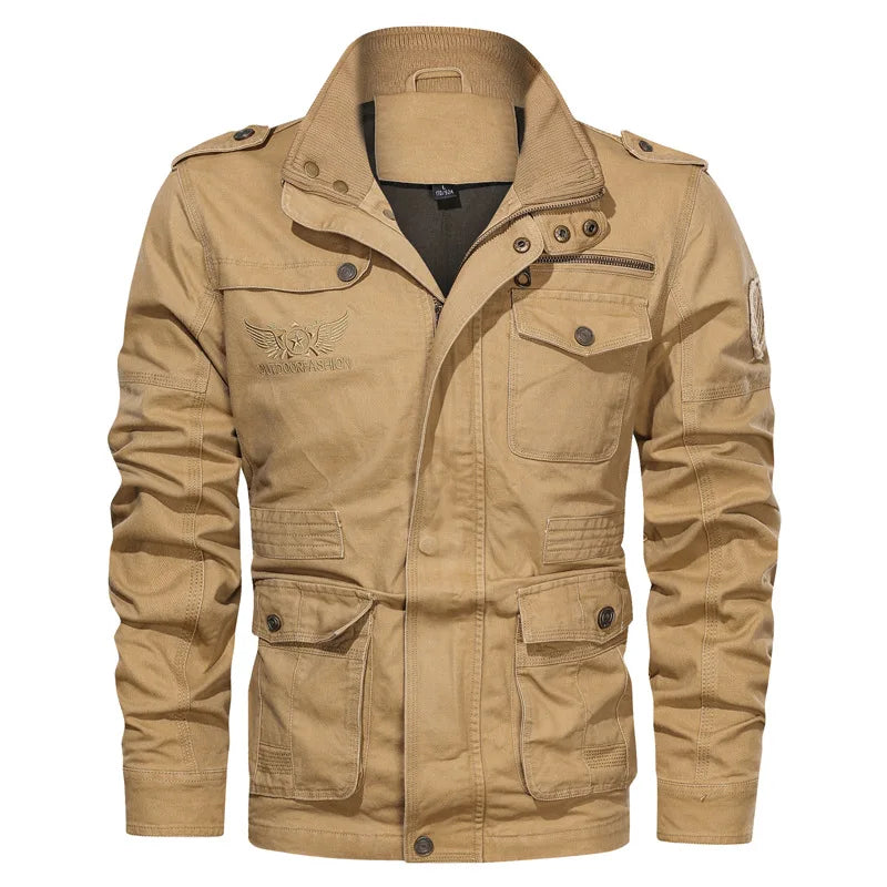 Men's fashion cargo jacket with high collar, multiple pockets, cotton material, casual oversized fit, outdoor wear, size 5XL.