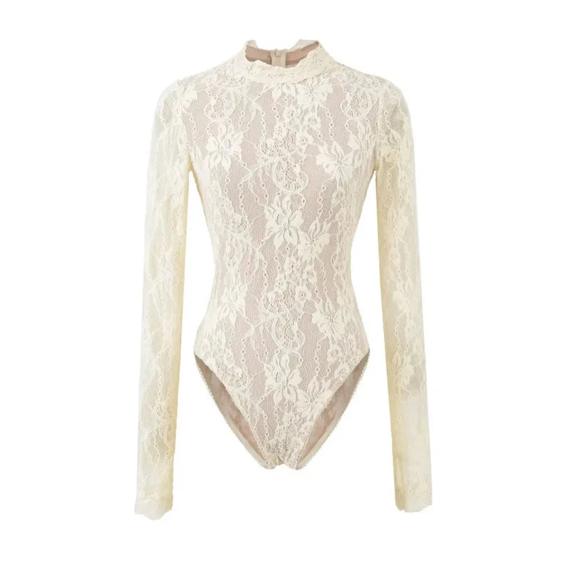 Women's Nuevo body by Corporación Turística with high neckline and long sleeves, shown in a neutral fabric and fitted style.