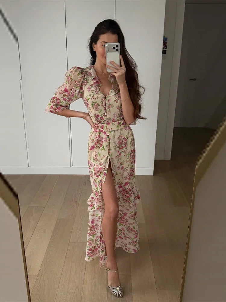 Vestido Largo Floral Volantes Cuello V Elegante Casual Verano Dama