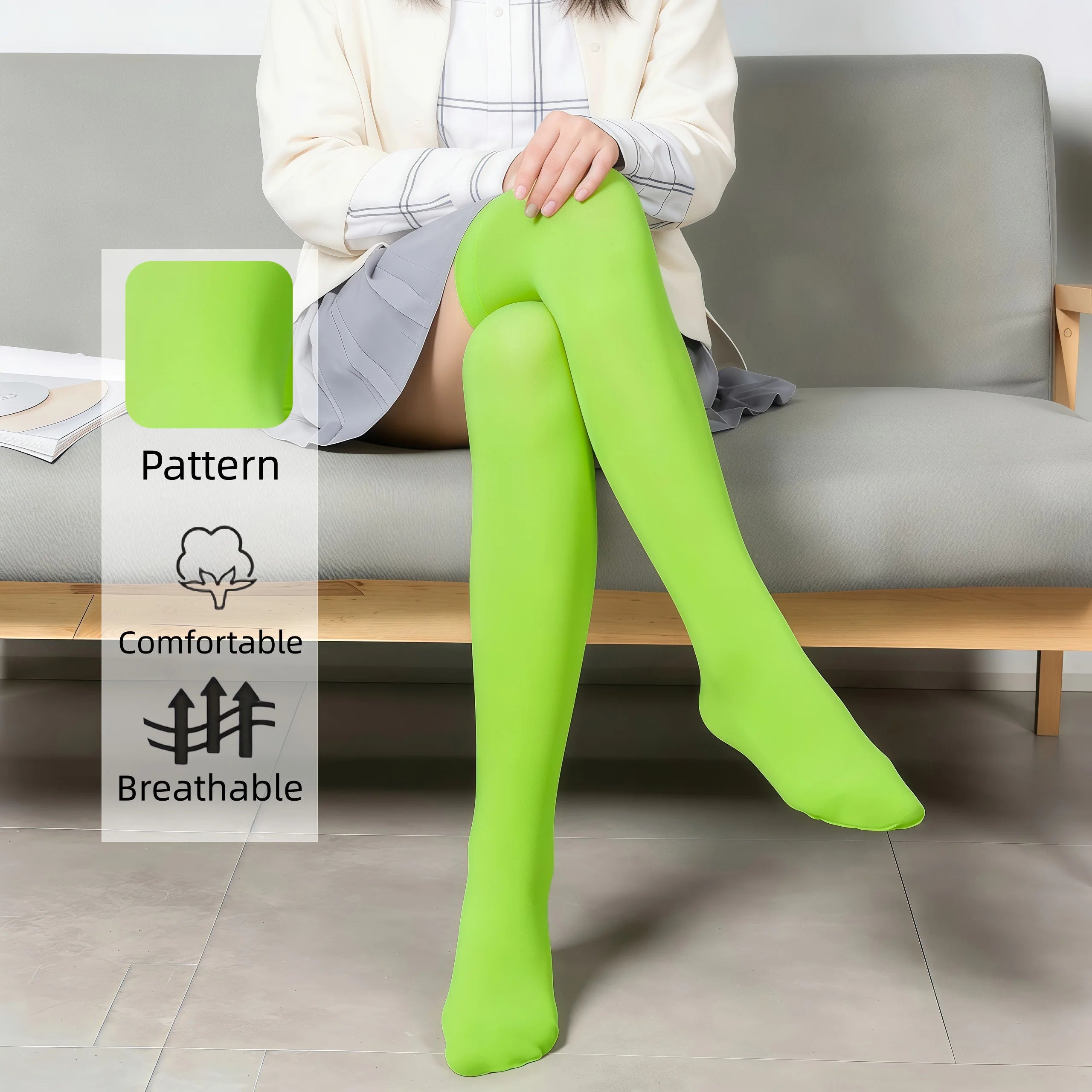 Calcetines Verdes Neón Mujer Muslo - Medias Opacas Suaves y Elásticas