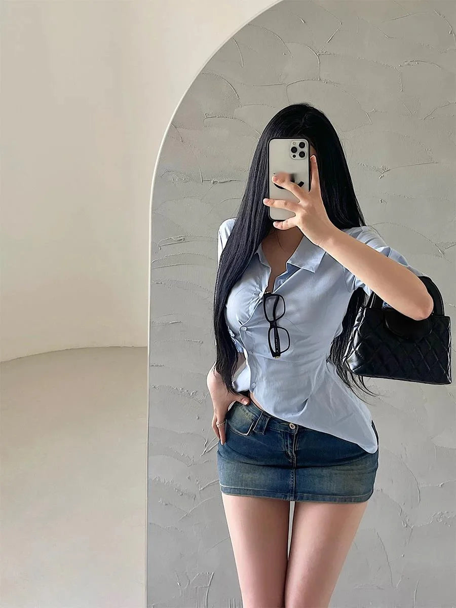 Women’s security denim mini skirt with reinforced stitching, stylish fit, and classic blue wash from Corporación Turística.
