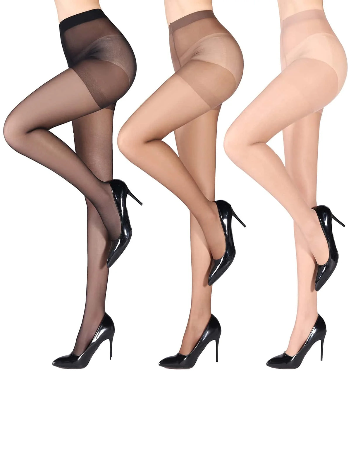 Three pairs of women's ultra-nylon pantyhose from Corporación Turística, showcasing the smooth, sheer fabric and classic design.