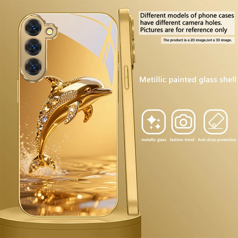 Golden dolphin phone case for Samsung Galaxy S20 FE, S21 Plus, S22, and S23, featuring a detailed dolphin design.