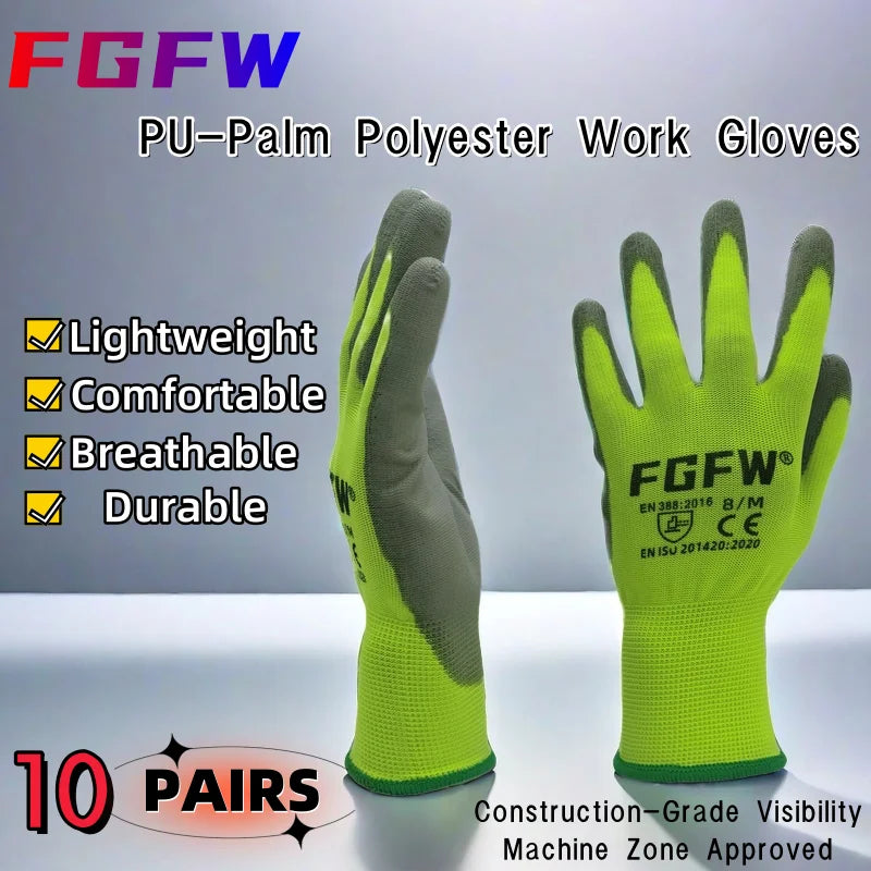 10 Pares Guantes Trabajo PU Certif. EN 388/ISO20471 Seguridad Tallas S-XL
