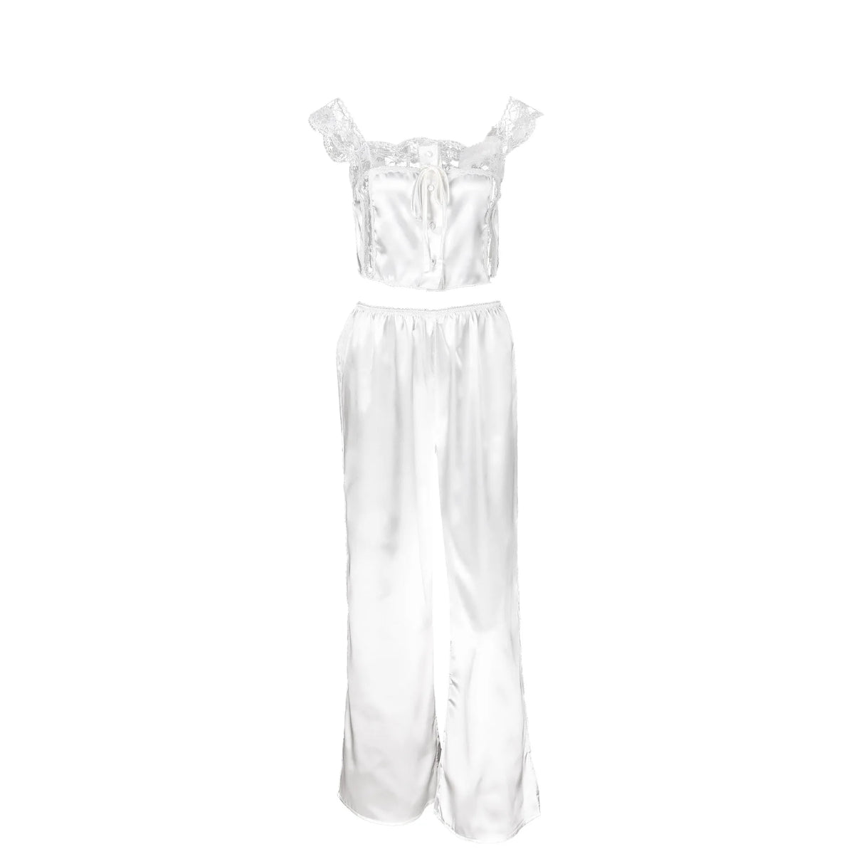 Two-piece top and pants set from Corporación Turística featuring elegant lace details and a stylish, contemporary design.