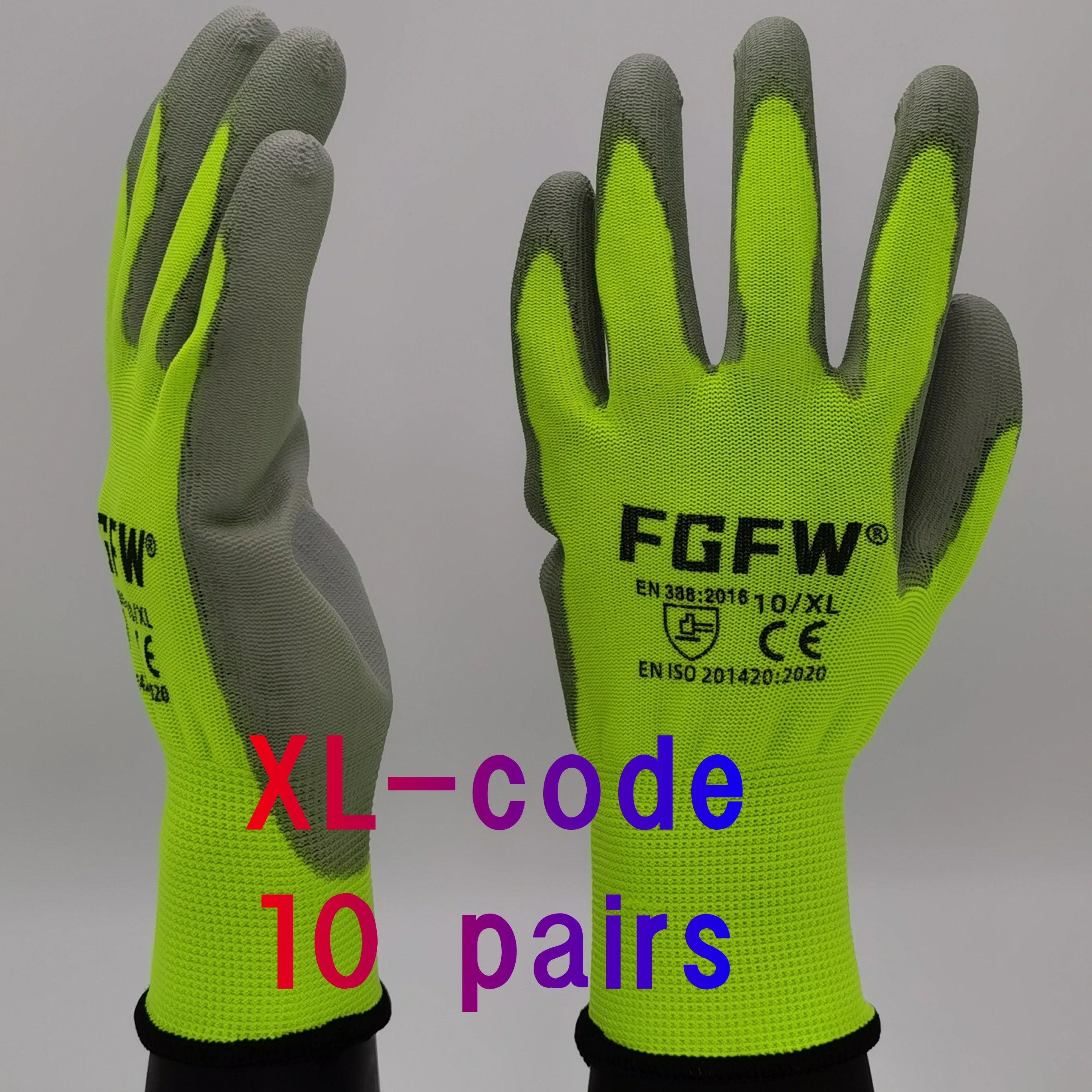 10 Pares Guantes Trabajo PU Certif. EN 388/ISO20471 Seguridad Tallas S-XL