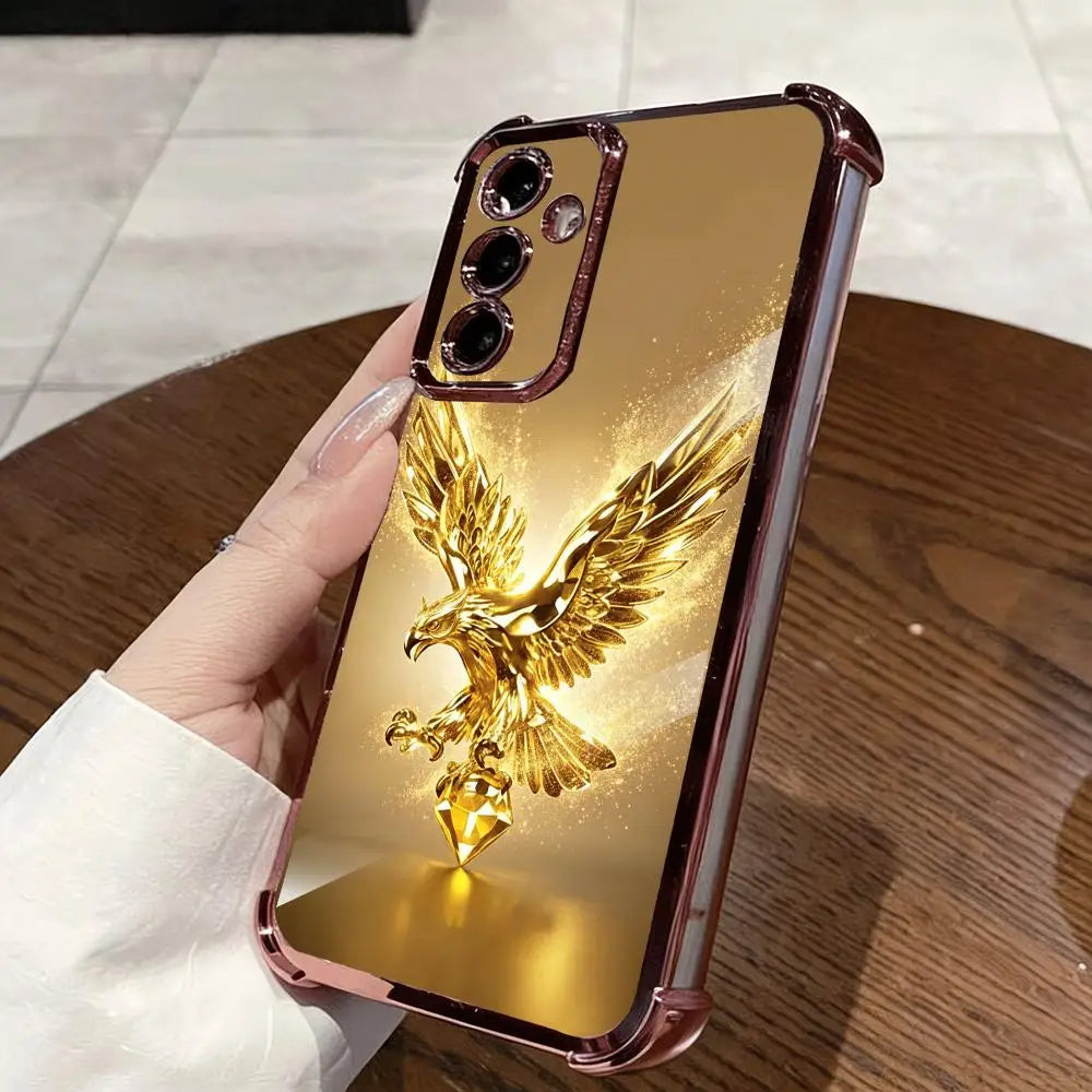 Golden eagle design phone case from Corporación Turística, shiny and protective, with detailed eagle imagery on the back.