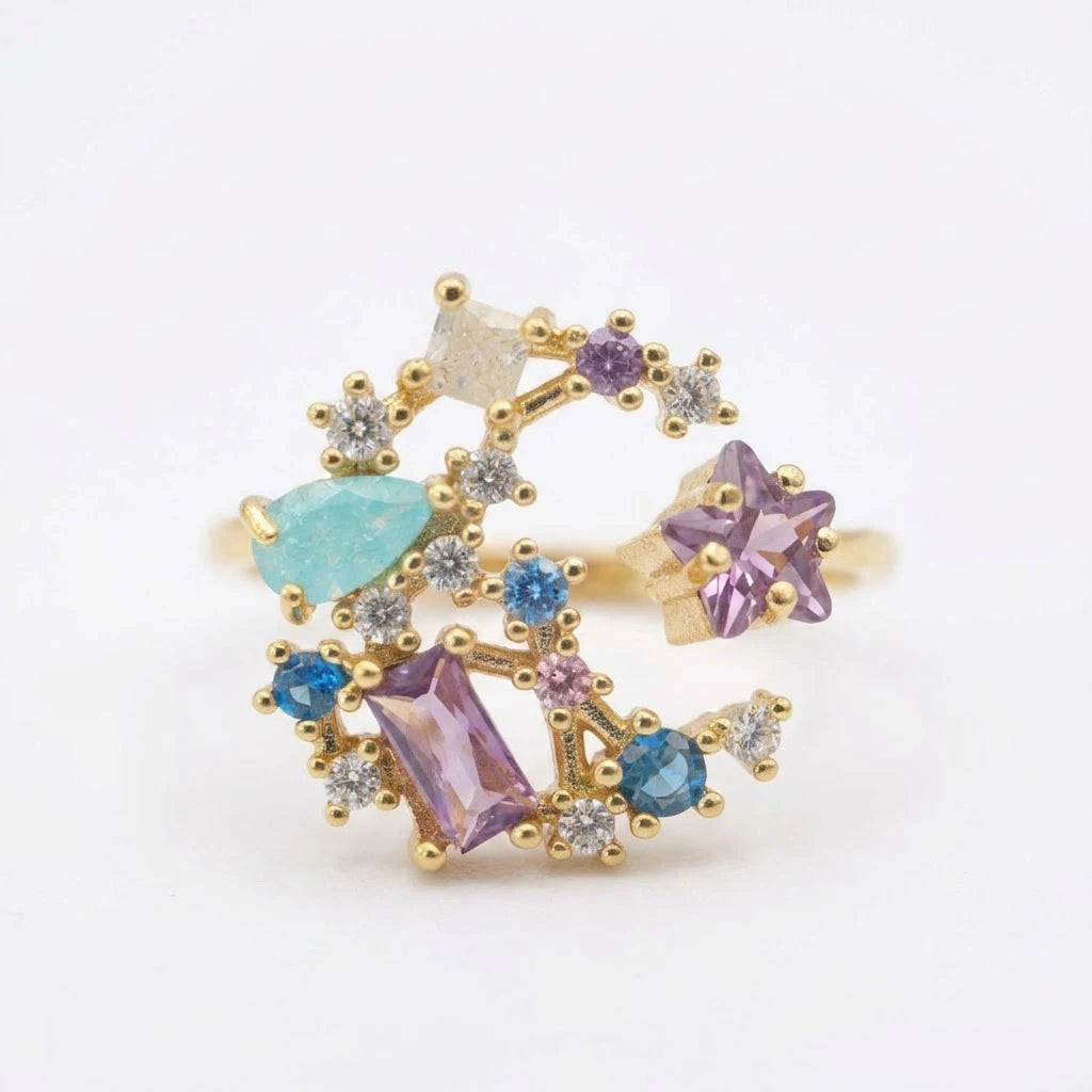 Anillo Flor Circon Colorido Ajustable - Joyería Vintage para Mujer