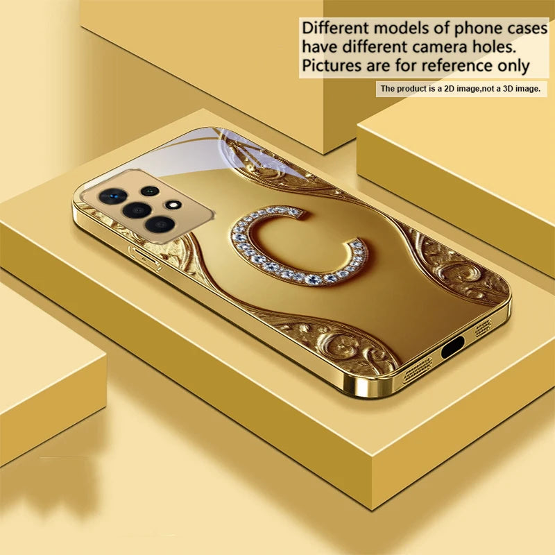 Golden crystal phone case with diamond accents, designed for a stylish and luxurious look, featuring intricate detailing and elegant craftsmanship.