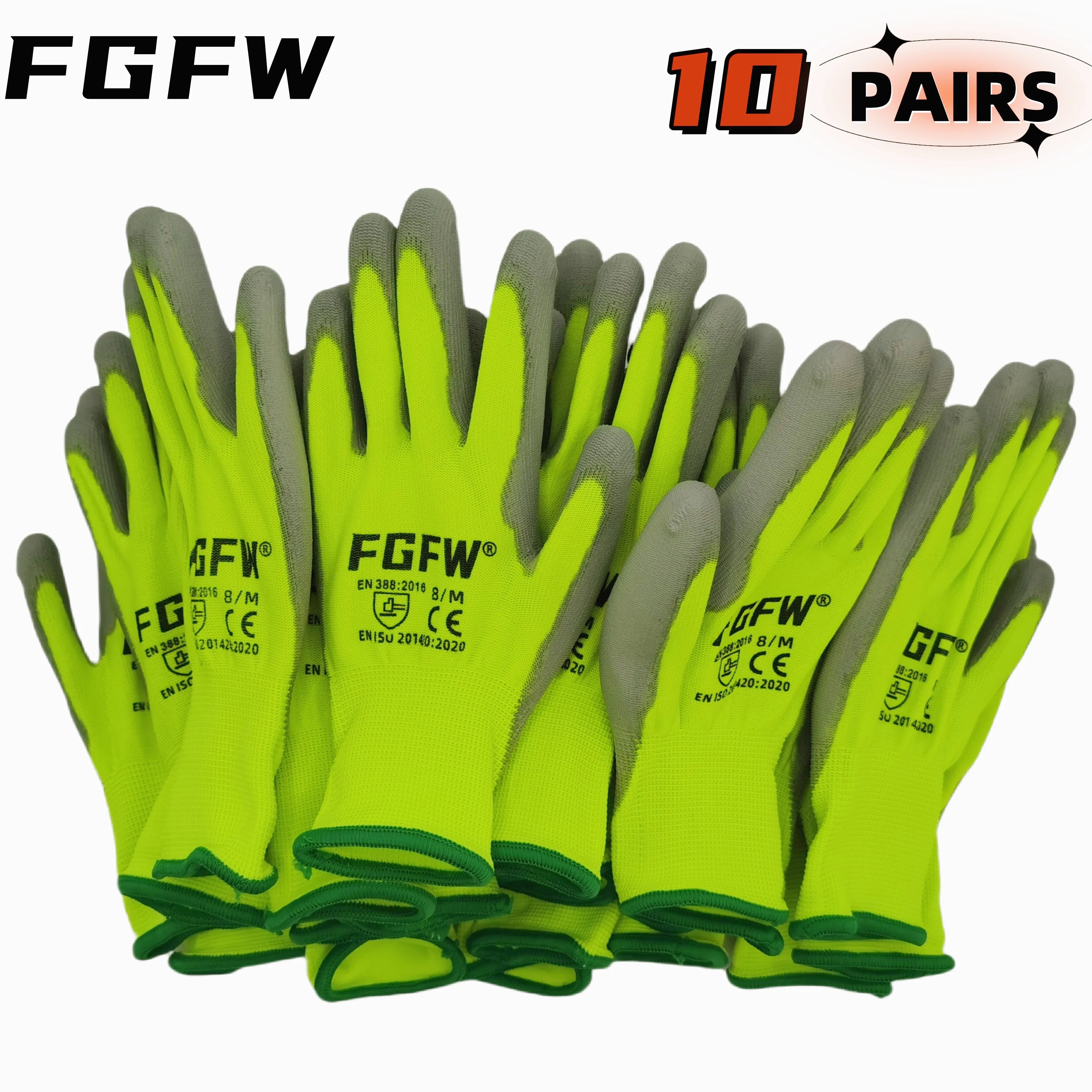 10 Pares Guantes Trabajo PU Certif. EN 388/ISO20471 Seguridad Tallas S-XL