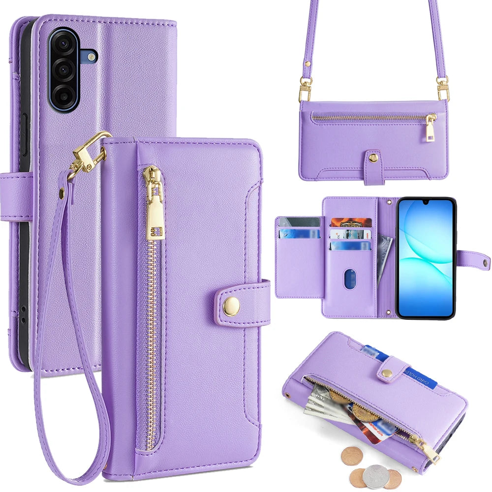 Leather wallet phone case with zipper for Samsung smartphones, featuring card slots and secure closure by Corporación Turística.
