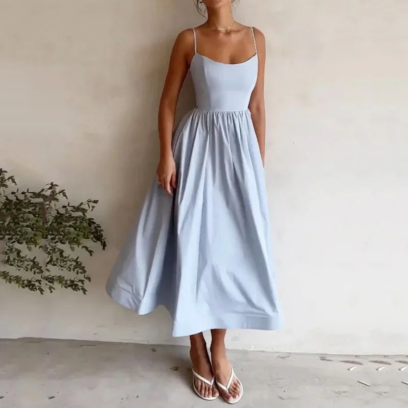 Vestido Midi Rosa Vacaciones Mujer 2026 Elegante Tirantes Finos Línea A