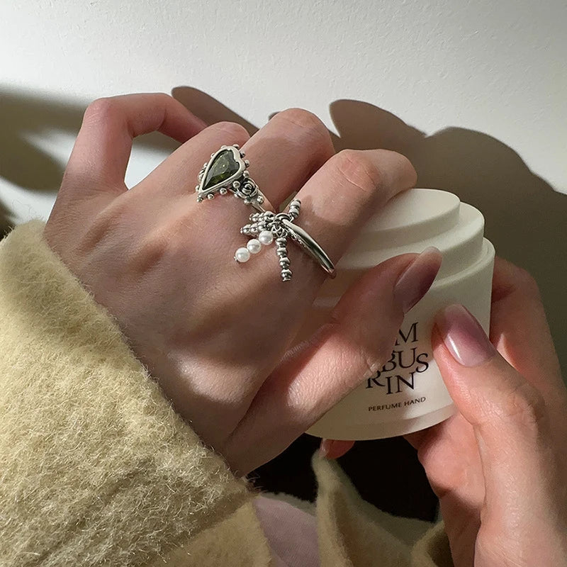 Anillo con colgante de borla Simple, joyería Retro francesa, corazón romántico, anillos de dedo ajustables, joyería de compromiso, regalo del Día de San Valentín