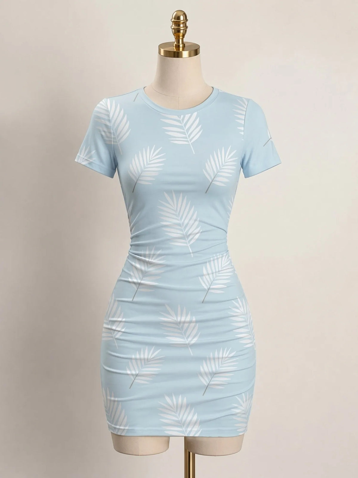 Mini fitted short-sleeve dress for women with a high neckline, by Corporación Turística, shown in a sleek black fabric.