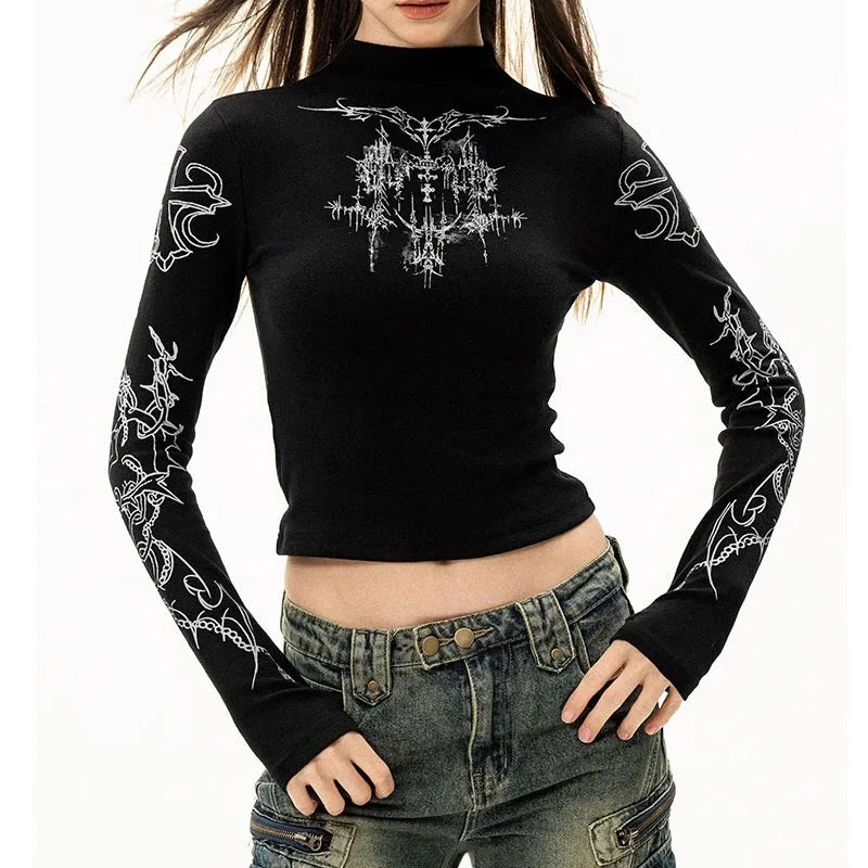 Camiseta Grunge Y2K Mujer Cuello Alto Gráfica - Estilo Emo Punk