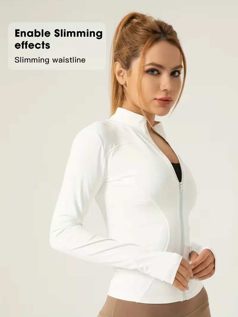 Chaqueta deportiva de cuello alto para mujer, ajustada, con cremallera, para yoga, de secado rápido, cintura delgada, para correr y hacer ejercicio, para primavera.