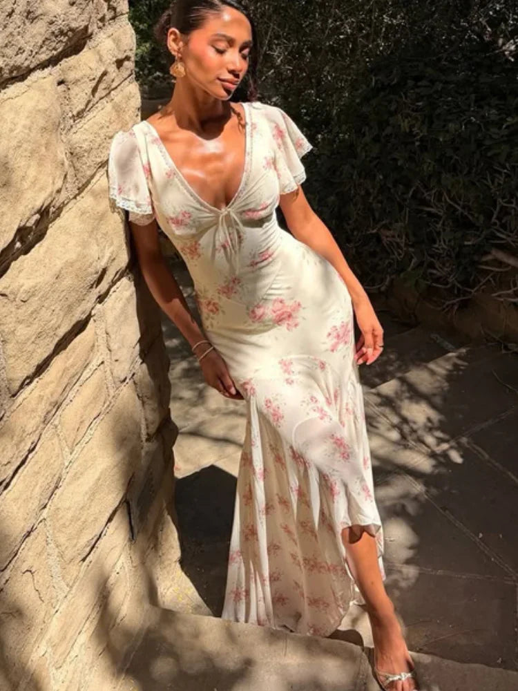 Vestido Largo Floral Volantes Cuello V Elegante Casual Verano Dama