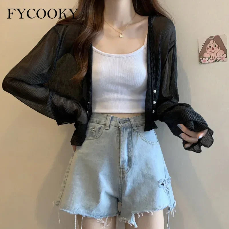 Cárdigan Gasa Hada Verano Mujer FYCOOKY Manga Larga Protector Solar (Rosa, Blanco, Negro, Melocotón)