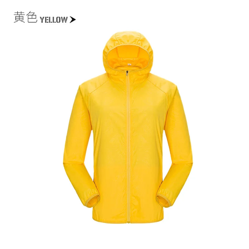 Waterproof camping rain jacket for men and women by Corporación Turística, lightweight and breathable outdoor rainwear.