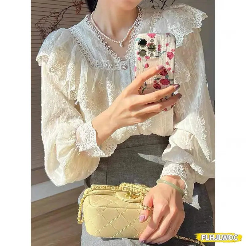 Blusa Blanca Volantes Elegante Manga Larga Mujer Oficina FLHJLWOC