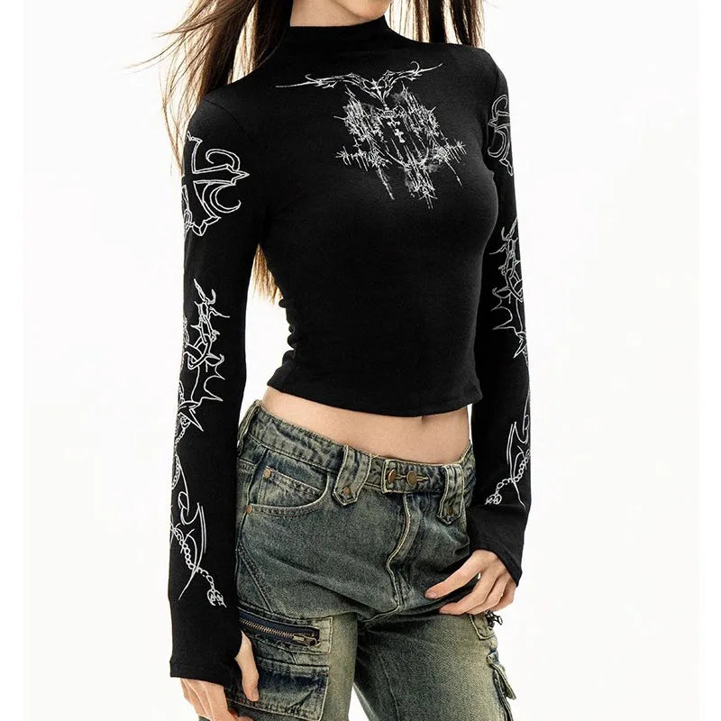 Camiseta Grunge Y2K Mujer Cuello Alto Gráfica - Estilo Emo Punk