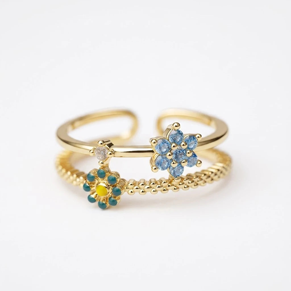 Anillo Flor Circon Colorido Ajustable - Joyería Vintage para Mujer