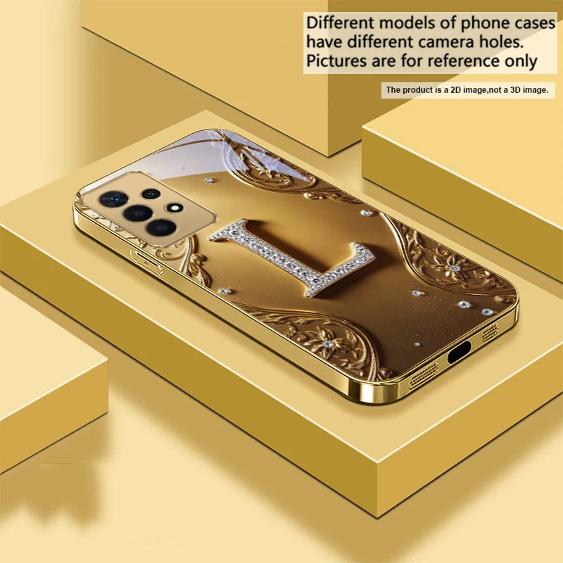 Golden crystal phone case with diamond accents, designed for a stylish and luxurious look on smartphones.
