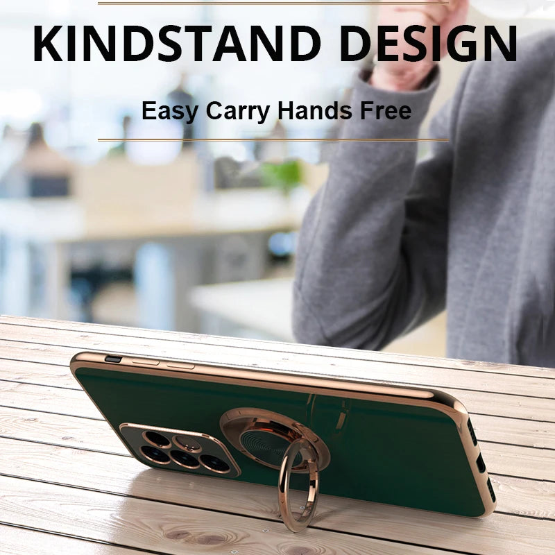Luxury gold-plated magnetic phone case with built-in support from Corporación Turística, shown with the case on a smartphone.