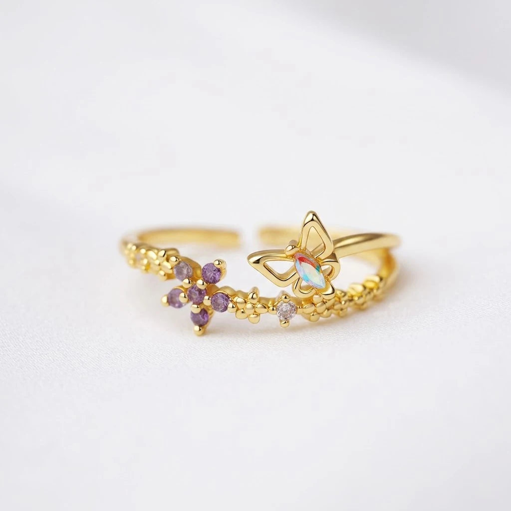 Anillo Flor Circon Colorido Ajustable - Joyería Vintage para Mujer