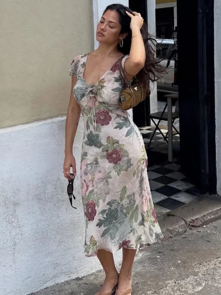 Vestido Largo Floral Volantes Cuello V Elegante Casual Verano Dama