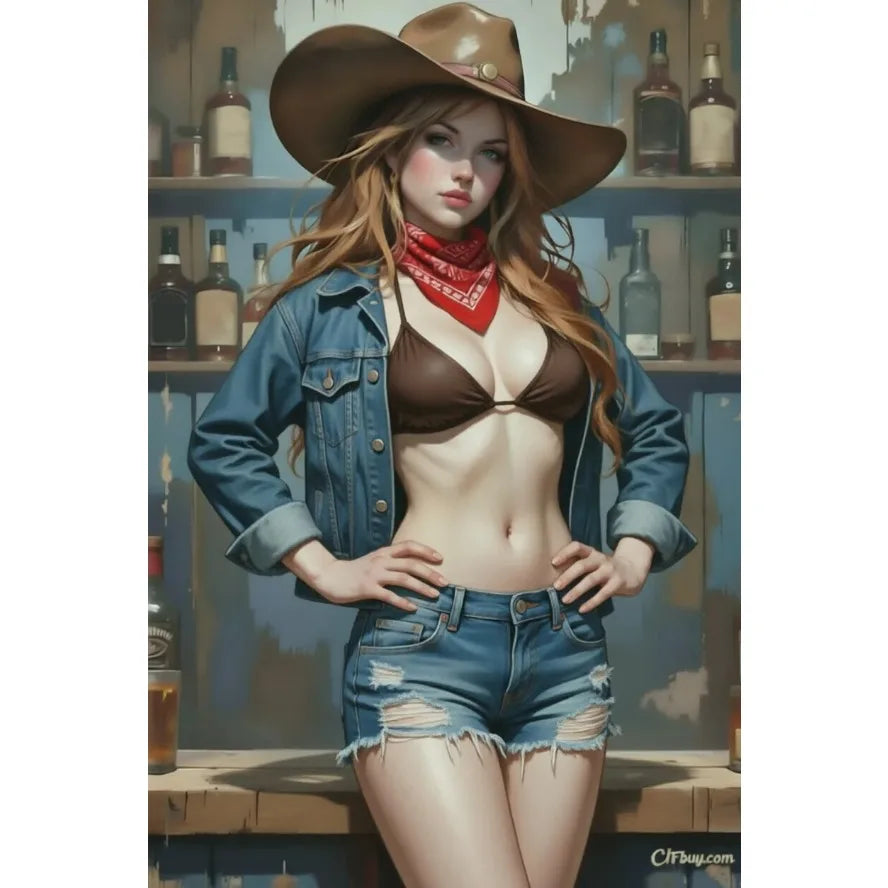 Metallic poster of a beautiful blonde woman in fashionable pose, showcasing vibrant colors and artistic style.