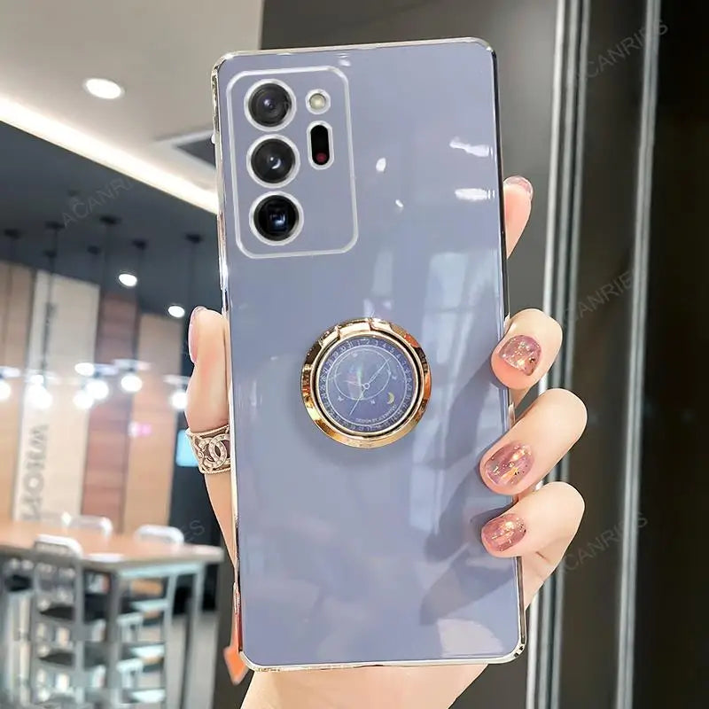 Samsung Galaxy Note20, Note10, Note9 protective case with built-in ring stand, featuring a sleek metallic finish and durable design.