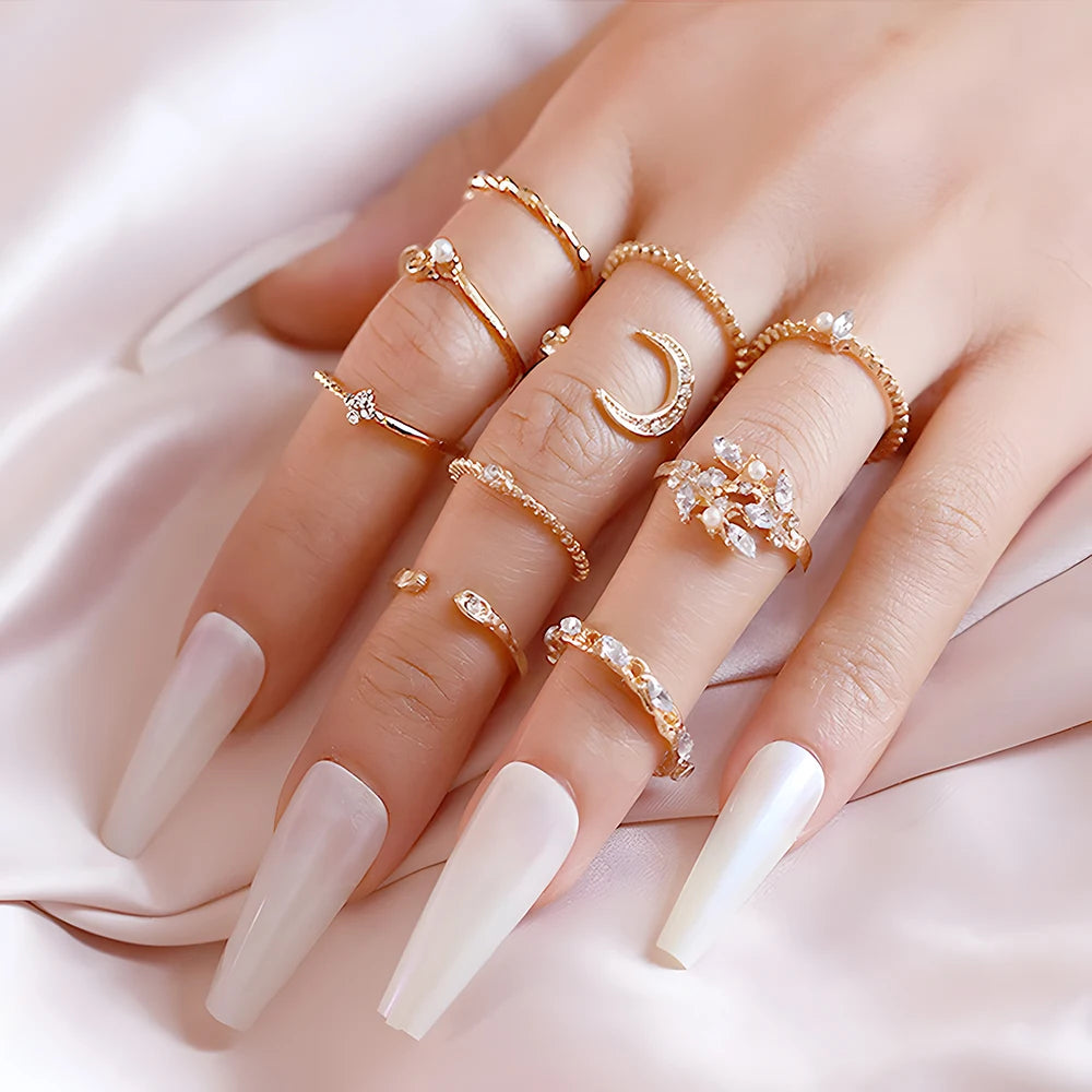 Conjunto 10 Anillos Mujer Boho Oro Cadena Luna Estrella