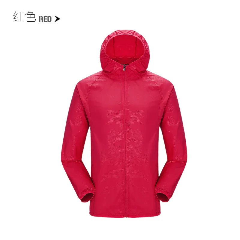 Waterproof camping rain jacket for men and women by Corporación Turística, lightweight outdoor raincoat with hood and adjustable fit.