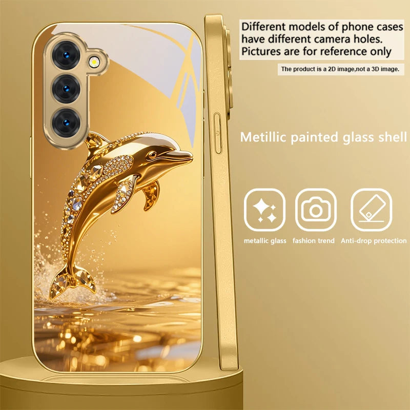 Gold dolphin phone case for Samsung Galaxy S20 FE, S21 Plus, S22, and S23 by Corporación Turística, featuring a detailed dolphin design.