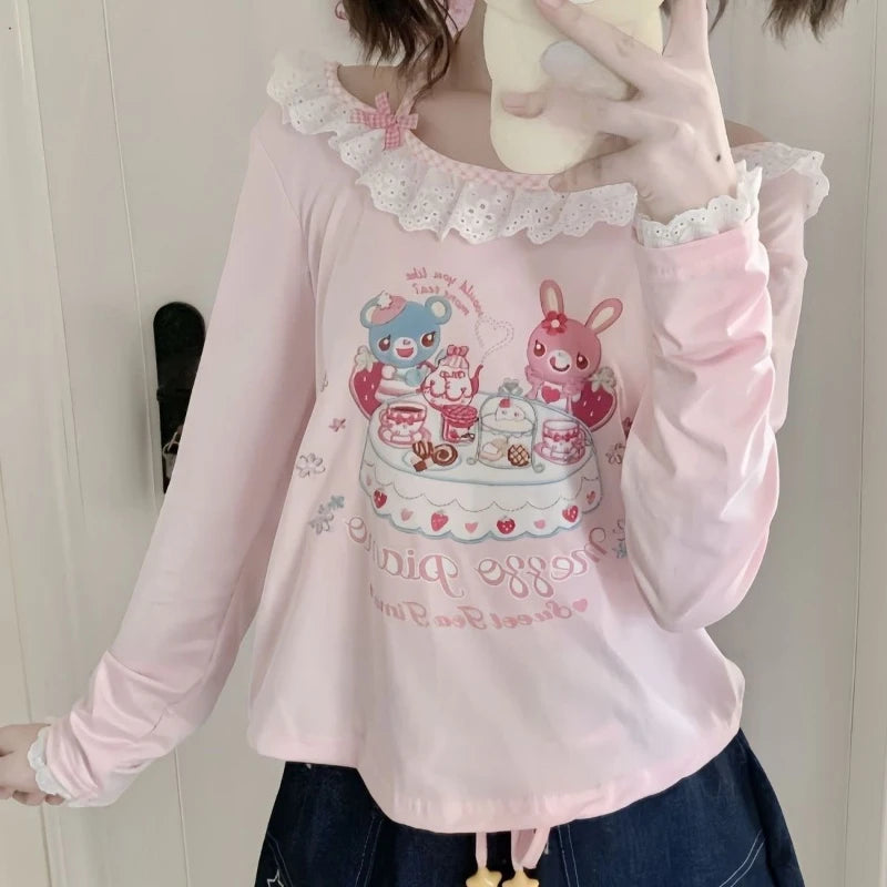 Camiseta Estética Kawaii Japonesa Y2k - Algodón/Poliéster Holgada