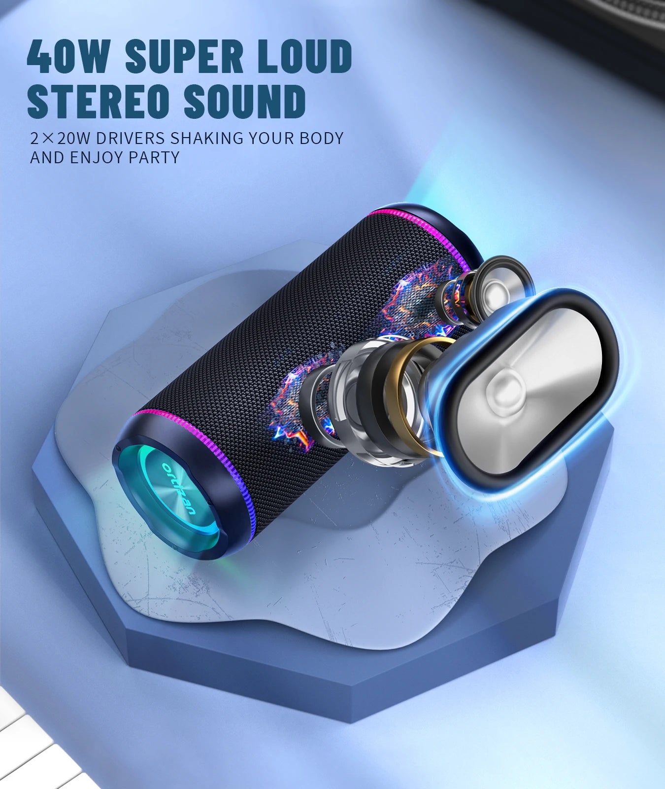 Altavoz Bluetooth Ortizan X30: 40W Estéreo, IPX7, 30H - Sonido Potente