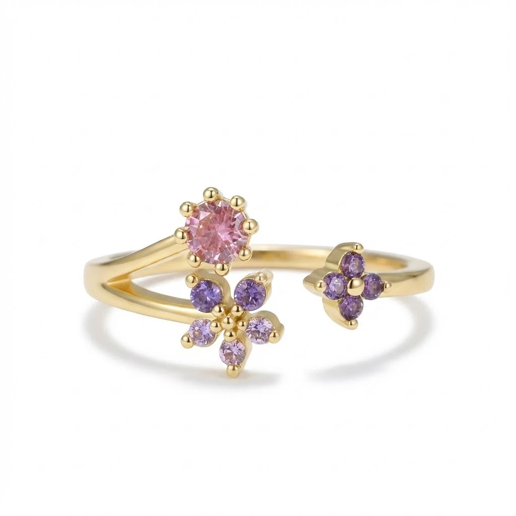 Anillo Flor Circon Colorido Ajustable - Joyería Vintage para Mujer