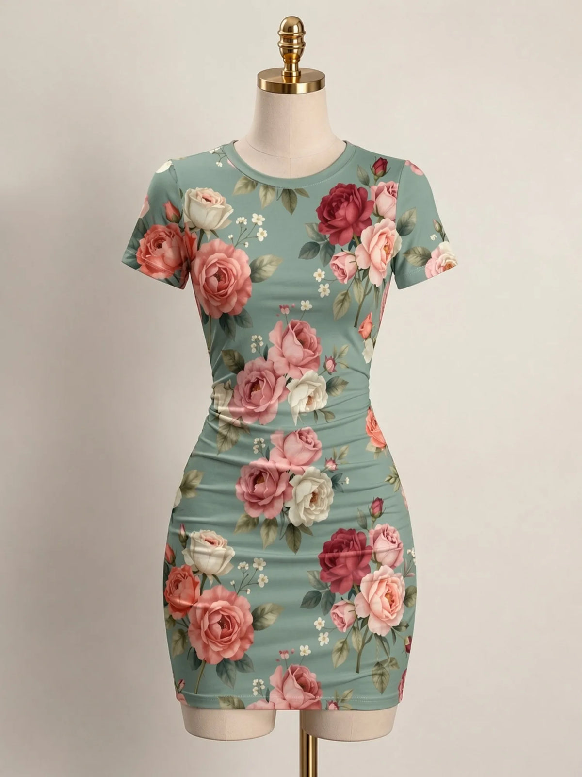 Close-up of a fitted women's short-sleeve mini dress with a high neckline from Corporación Turística.