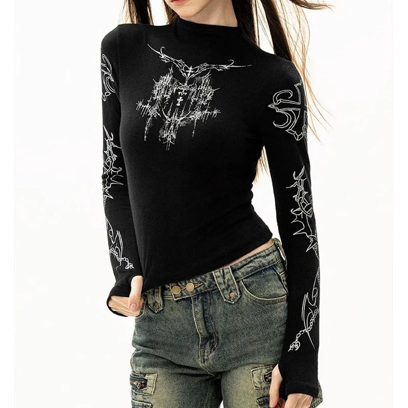 Camiseta Grunge Y2K Mujer Cuello Alto Gráfica - Estilo Emo Punk