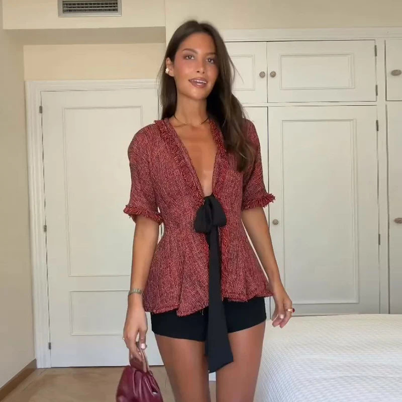 Blusa Vintage Flecos Cuello V Verano 2026 Chic Dama